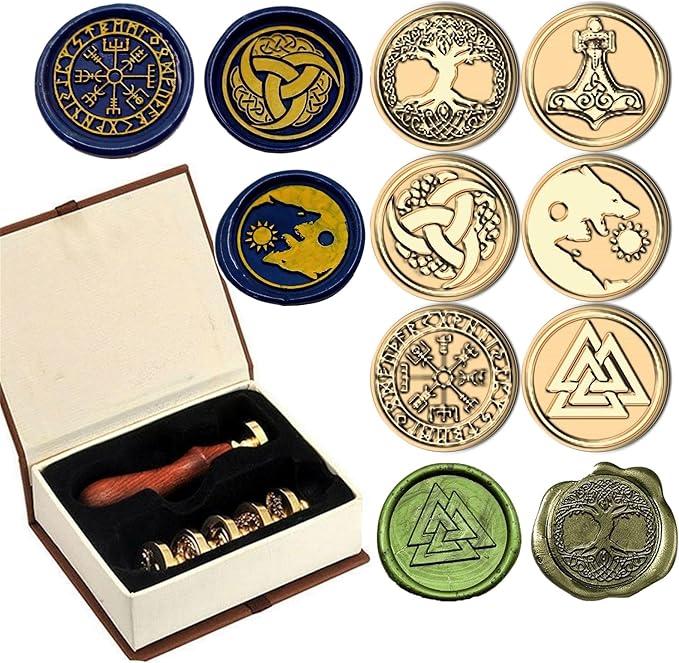 6PCS Viking Rune Wax Seal Stamp, Viking Rune Sealing Wax Stamp, Vegvisir Valknut Tree of Life Seal Wedding Invitation Birthday Party Seal Gifts (6pcs Set)