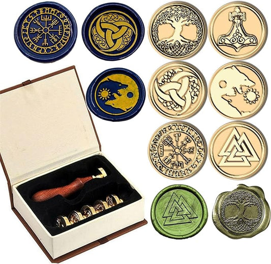 6PCS Viking Rune Wax Seal Stamp, Viking Rune Sealing Wax Stamp, Vegvisir Valknut Tree of Life Seal Wedding Invitation Birthday Party Seal Gifts (6pcs Set)