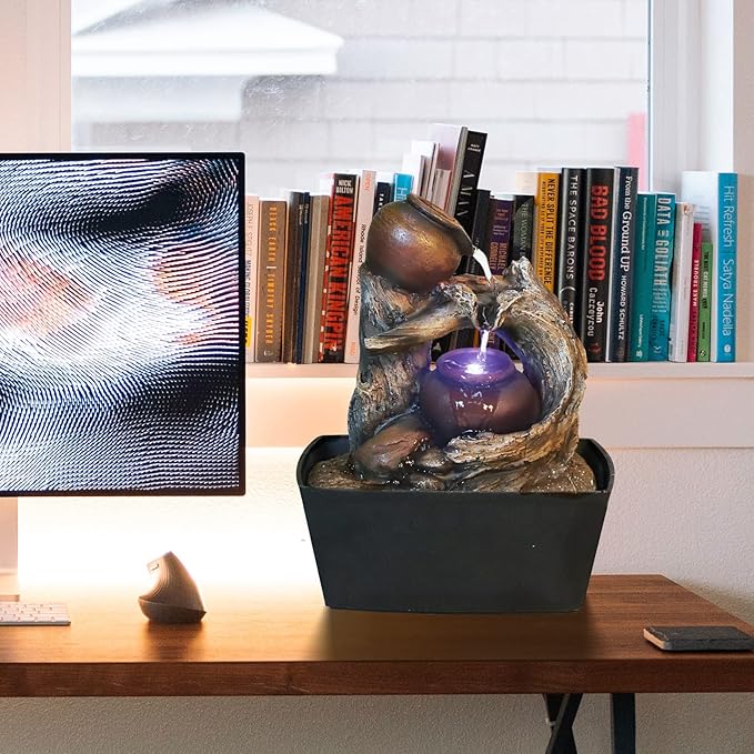 Ferrisland Tabletop Water Fountain Indoor - Tree Trunk with Jar Rustic Fountains Small Feng Shui Zen Waterfall Fountain W/LED Light & Soothing Sounds for Office Home Desktop Decor (Brown)