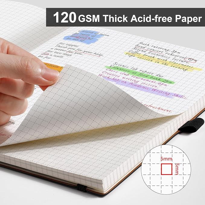 AHGXG Graph Paper Notebook - Grid Notebook Journal, 120 GSM Thick Graph Paper, Large B5 Notebook 96 Pages, Leather Softcover, for Graphing, Writing, Math, Engineering, 7.6'' X 10'' - Black