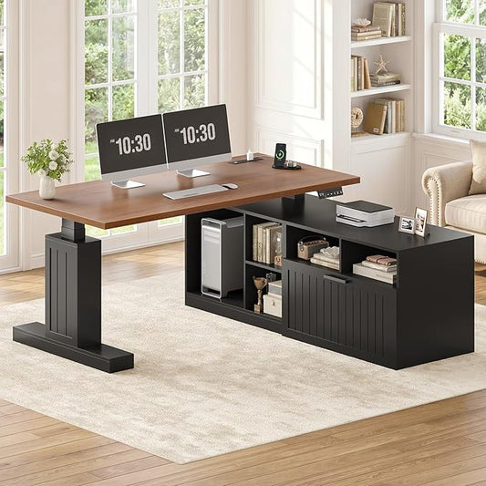 Farmhouse L Shaped Standing Desk with Lateral File Cabinet, 55.1" X 54.3" Electric Executive Desk Adjustable Height with Power Outlets, Shelves, Sit Stand Corner Computer Desk for Home Office, Black