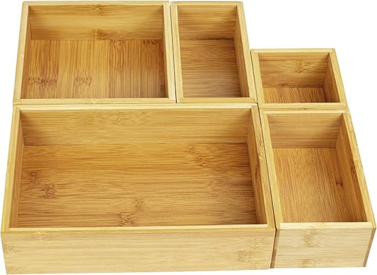 VaeFae 5 PCS Bamboo Drawer Organizers Set, 5-size Organizer Box, Storage Bins for Kitchen, Bathroom, Office, Bedroom and Living Room
