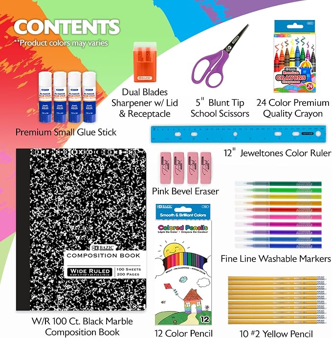 BAZIC Products Back to School Starter Pack, 60 Pieces, Elementary, for Students Teachers Donations