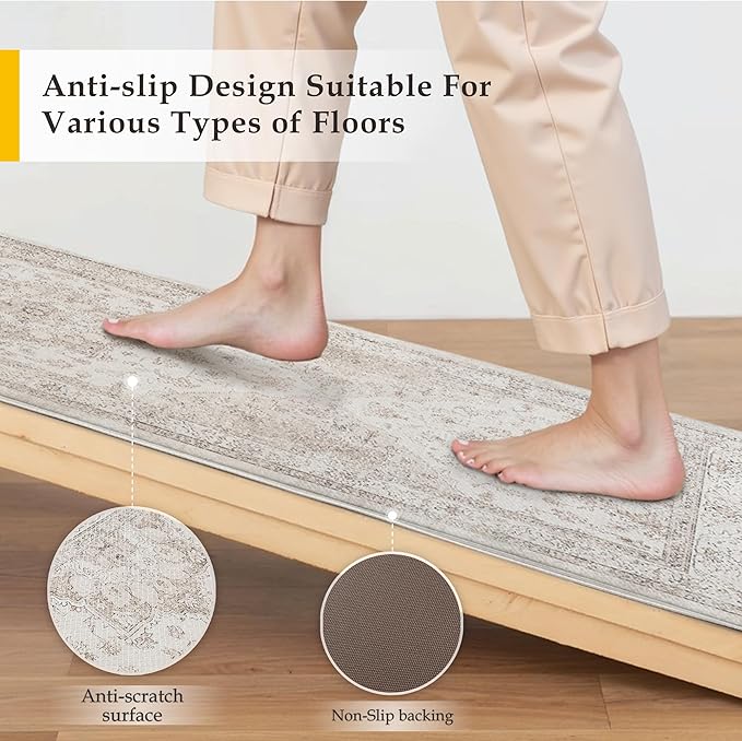 PureCozy Kitchen Mats for Floor Anti Fatigue Cushioned Beige Vintage Kitchen Mats Waterproof Non Slip Comfort Standing Oriental Medallion Runner Rug for Sink Laundry Office Bathroom 17.3"x59"