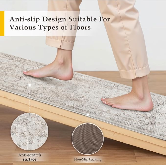 PureCozy Kitchen Mats 2PCS Anti Fatigue Cushioned Mat Beige Vintage Kitchen Mats for Floor Waterproof Non Slip Comfort Standing Oriental Medallion Rug for Sink Laundry Office 17.3"x47"+17.3"x30"