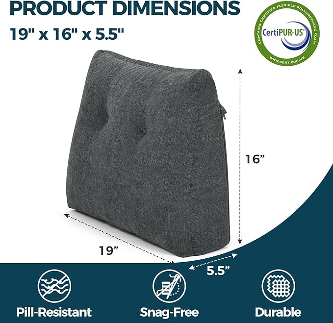 Back Support Pillow for Recliner Soft Dual Layer Lumbar Support Pillow with Memory Foam Shreds Ergonomic Orthopedic Couch Back Cushions for Elderly Lower Back Pain Relief Dark Grey