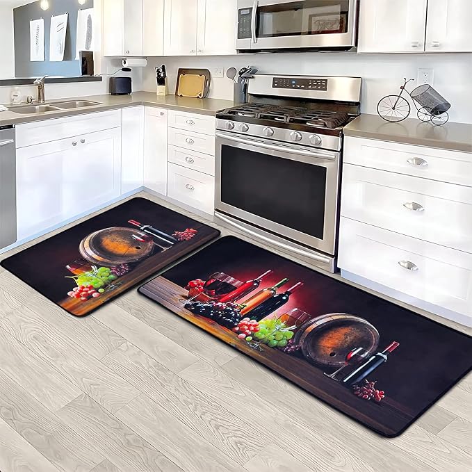 Voanos Kitchen Rugs,Non Skid Washable Microfiber mats for Kitchen Floor,3D Wine Kitchen Cushioned Runner Rug Decor Sets of 2,Size 17"x 47"+17"x 30"