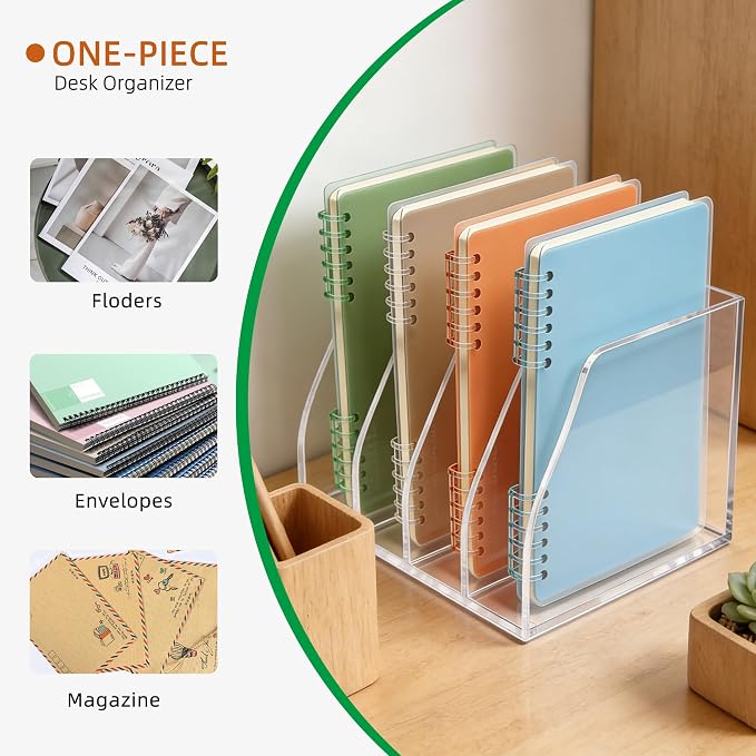 Clear Acrylic Magazine File Holder, 4 Compartment Desk Organizer | 4 spacious vertical compartments hold magazines, files, books & more. 5mm thick clear acrylic, non-slip base. No assembly.