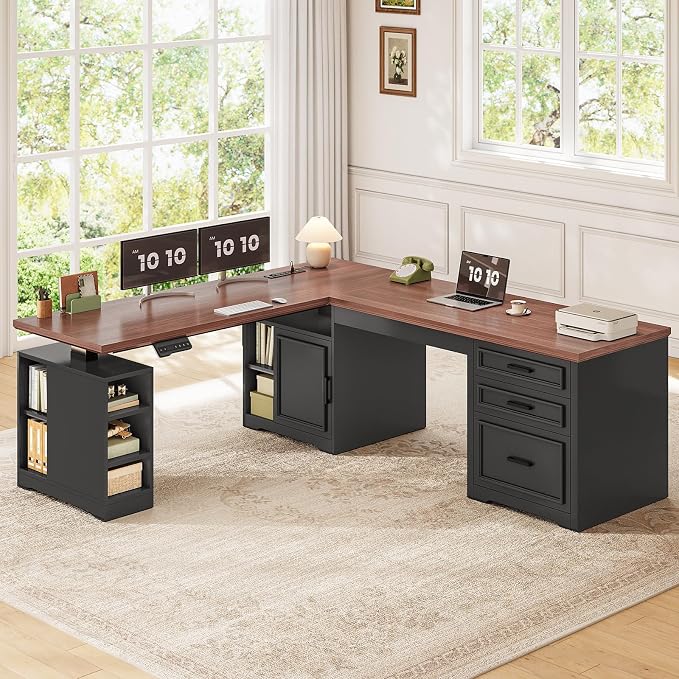 SEDETA Farmhouse L Shaped Electric Standing Desk, 63" x 67" Height Adjustable Office Executive Desk with Drawers and Shelves, Standing Computer Desks with Power Outlet for Home Office, Black+Brown