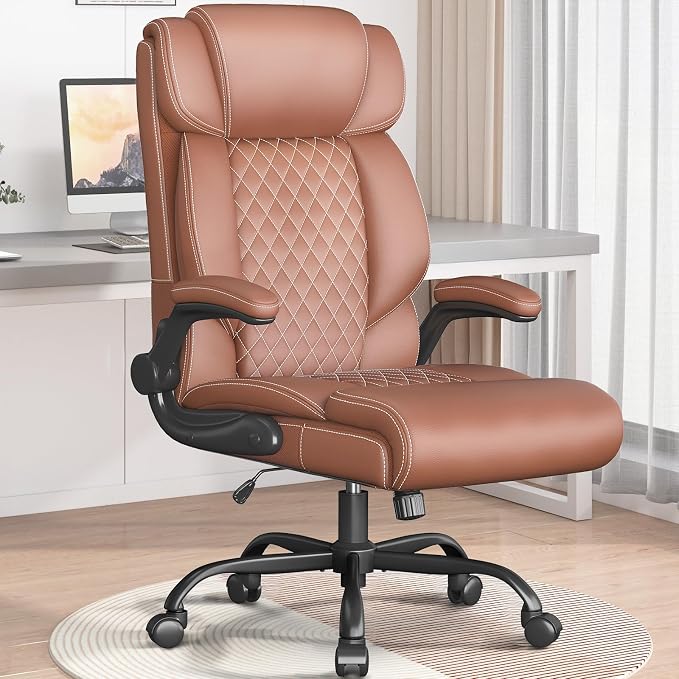 Office Chair-Executive High Back Breathable Comfy Desk Chair with Flip-up Armrests Lumbar Support-Ergonomic Leather Rolling Swivel Chair with Rock Function for Working,2 Pack