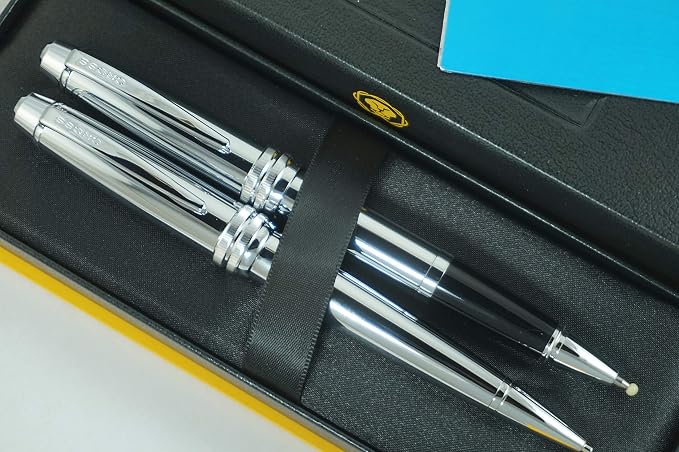 Cross Executive Companion Bailey,Polished Chrome with Cross Signature Diamond Cut Multi-grooved Center Ring Medium Selectip Rollerball Pen & 0.7mm Pencil Set and Name Plate for Engraving