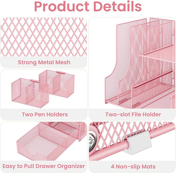 Lavatino Desk Organizer – 4-in-1 Pink Mesh Office Supplies Organizer with Pen Holder, File Holder, Desktop Tray, and Drawer for Home, Office, Classroom