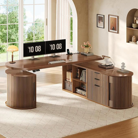 SEDETA 57" L Shaped Standing Desk with Storage, Electric Height Adjustable Curved Executive Desk, Fluted Desk with Drawers & Power Strip for Home Office, Brown