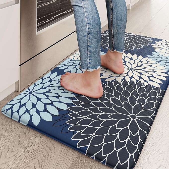 KIMODE Anti Fatigue Kitchen Mat for Floor Cushioned Comfort Standing Mat | 17.3"x29",Dahlia Blue, Kitchen Floor Mats Non Slip Waterproof,Wipe Clean,Farmhouse Mat for Laundry Office Sink Desk