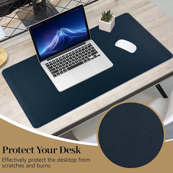 Dark Blue Leather Desk Pad Large Mouse Pad, 31.5"x15.7" | Waterproof Desk Mat for Keyboard and Mouse, Non-Slip Computer Desk Protector, Smooth Mouse Control for Home Office