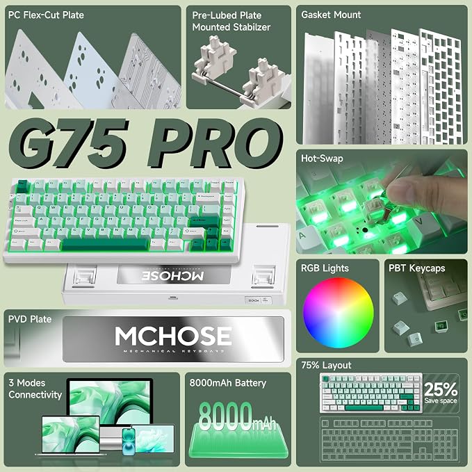 MCHOSE G75 PRO 75% Wireless Mechanical Keyboard, TKL Keyboards Tri-Mode BT5.0/2.4GHz/USB-C, Hot Swap Custom Creamy Keyboards Linear Switch, Double Shot PBT Keycaps RGB LED Backlit, White&Green