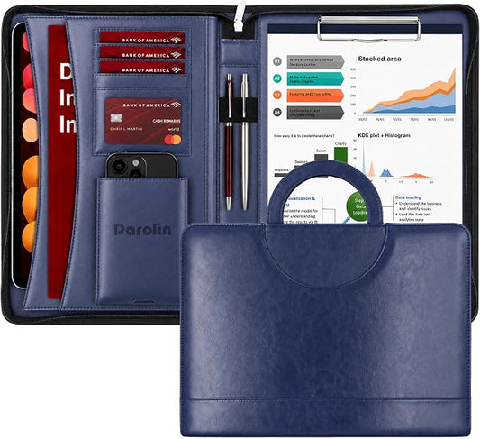 Darolin Vegan Leather Padfolio Portfolio with Handle, Zipper -Blue | Business Portfolio Organizer for Meetings, Interviews, Travel, Resume, Clipboard Fits A4, Letter Size, Padfolio for Men Women