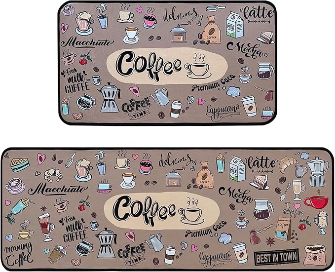 Voanos Coffee Kitchen Rugs,Non Skid Washable Microfiber mats for Kitchen Floor,Coffee Theme Kitchen Cushioned Runner Rug Decor Sets of 2 Pieces,17"x 47"+17"x 30"