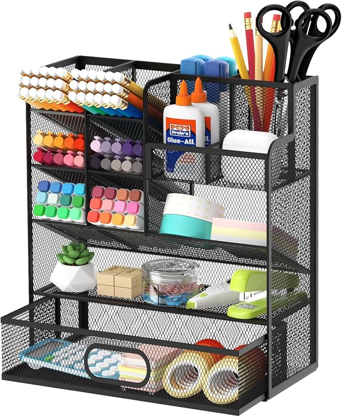 Mesh Pen Organizer for Desk, 13 Compartments with Drawer, Black | Metal mesh pencil holder and desk organizer with tilted slots for easy access to stationery at home, school or office