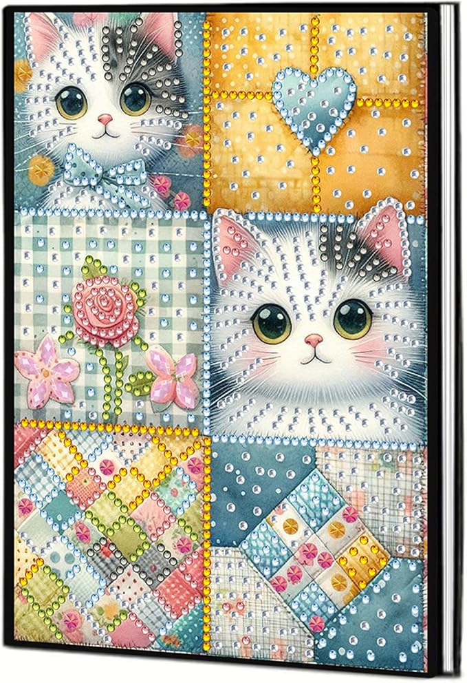 FRANDEK Diamond Art Painting Notebook Kit, Plaid Cat A5 DIY Journal with 50 Blank Pages, Crystal Rhinestone Cover with Waterproof Canvas, Beginner Craft Set with Full Tools for Adults