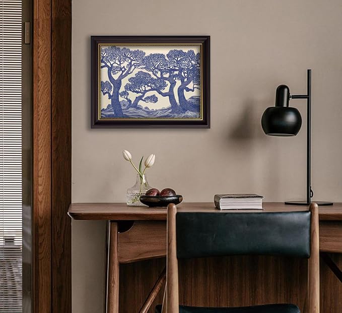 Vintage Gold Framed Wall Art Oak Tree Forest Painting Canvas Prints Blue Woodland Nature Landscape Picture Moody Botanical Poster Artwork for Living Room Bedroom, 16x24in