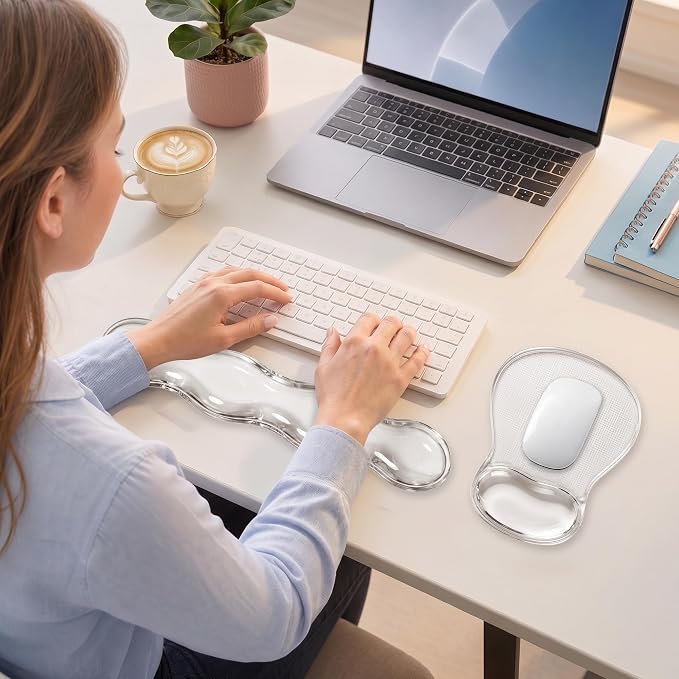 Keyboard Wrist Rest & Ergonomic Mouse Pad with Wrist Rest Set, Cute Transparent Gel Wrist Rest for Keyboard and Mouse, Soft Support for Pain Relief, Office, Gaming Desk Accessories（White）