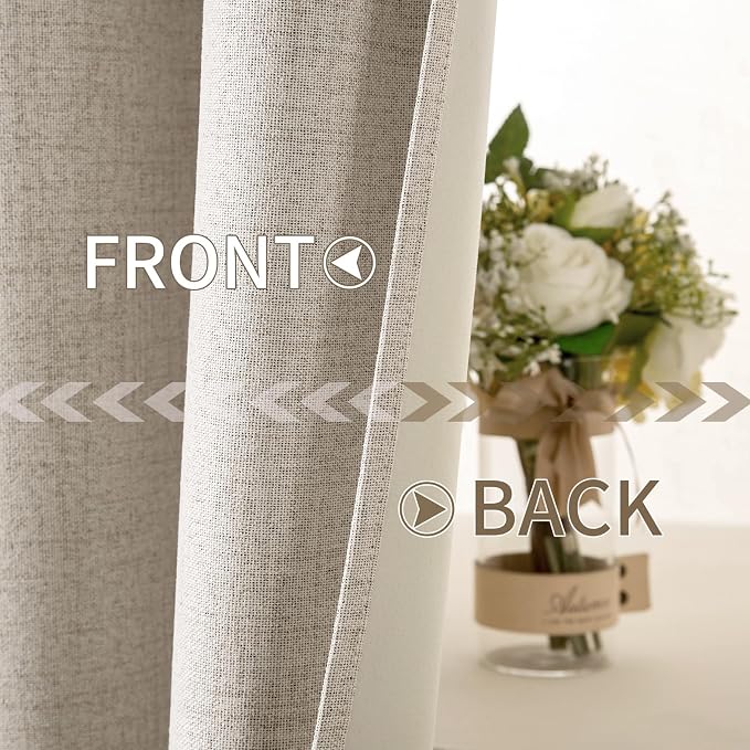MIULEE Linen Textured Curtains for Bedroom Solid 100% Blackout Thermal Insulated Natural Grommet Room Darkening Curtains & Drapes Luxury Decor for Living Room 52 x 63 Inch (2 Panels)