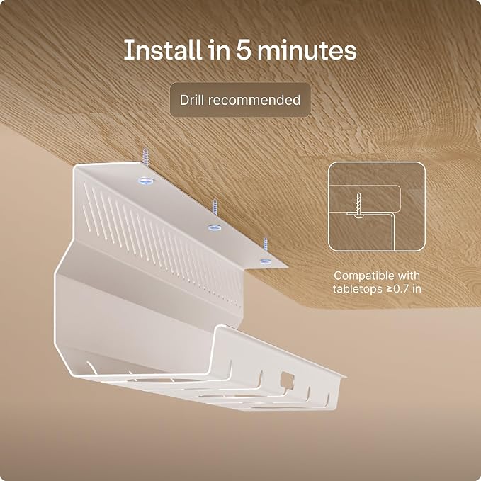 Desktronic Cable Duct Desk White Set of 2 - Stainless Steel Cable Management Desk Cable Duct with 5 Cable Cut-Outs - Easy to Install Cable Organiser - Cable Holder