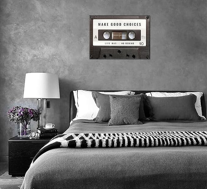 Inspirational Office Canvas Wall Art Picture Vintage Cassett Tape Prints Make Good Choices Life Has No Rewind Inspiring Artwork Motivational Wall Decor for Office Bedroom Living Room 16x24in Framed