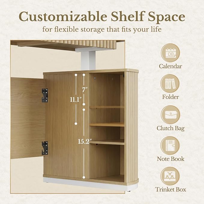 Electric Standing Desk with Storage Drawers, 63'' Executive Height Adjustable Desk with Privacy Panel and Shelves, Wood Fluted Computer Desk for Home Office, Light Walnut