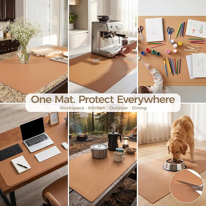 1.6mm Thick Leather 10x48 Inch Non-Slip Mat, Waterproof Countertop Protector, Kitchen Counter Runner/Slim Console Table, Caramel Brown