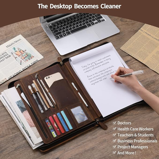 Ringsun Genuine Leather Portfolio Organizer for Men Women with Handle, Full Grain Leather Padfolio Folder with Zipper Business Resume Portfolio for 12.9" iPad, Brown, RS118