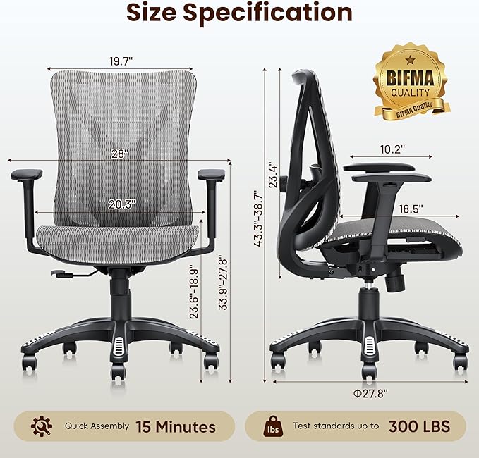 Ergonomic Office Chair, Mesh Computer Desk Chairs with Adjustable Lumbar Support, 3D Armrest, Tilt Function, Comfy Wide Seat, Executive Work Task Chair for Company & Home, Gaming Chair (Grey)