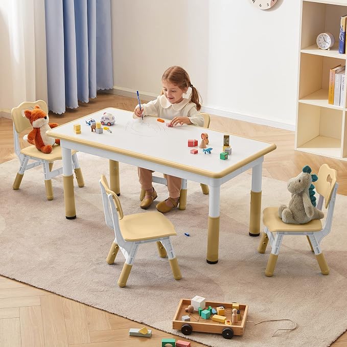 DOREROOM Adjustable Kids Table & 4 Chairs Set, 47.2" L x 23.6" W, Beige | Graffiti Desktop,Table Supports 300 lbs,Toddler Ages 2-8，FSC-certified, Children Activity Table for Daycare, Classroom, Home