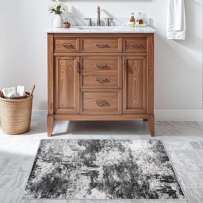 RUUGME 2x3 Abstract Area Rug: Small Washable Entryway Rug Indoor Non Slip Stain Resistant Kitchen Floor Mat for Sink Bathroom - Soft Low Pile Modren Thin Throw Carpet for Home Decor (2x3 Black-White)