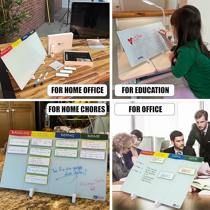 PMXBOARD Desktop Kanban Board & Whiteboard (Double-Sided) 18” x 11” Glass Dry Erase Board with Stand, 24 Reusable Task Cards, 6 Markers – Scrum Agile Project Management Desk Planner