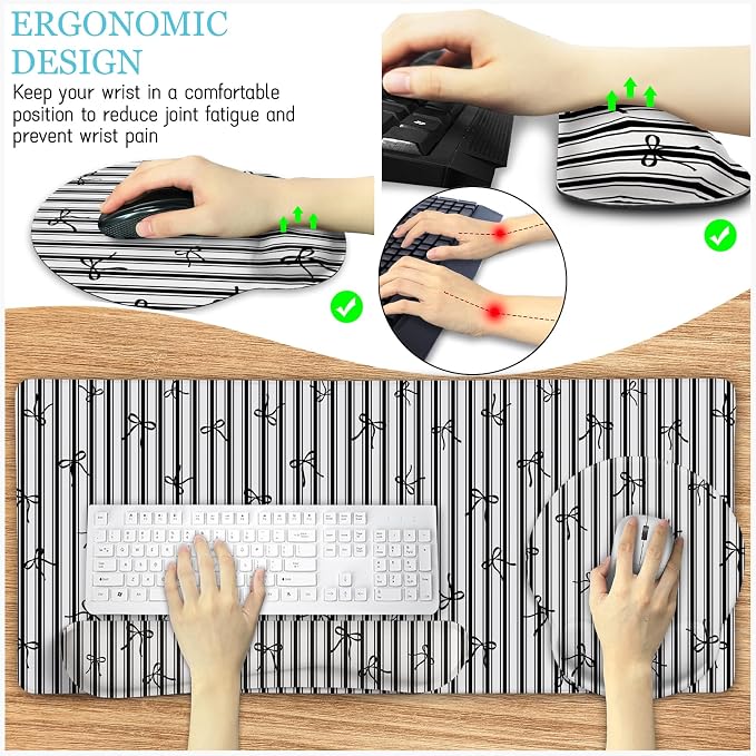 LIMKRIAN Black Striped Ergonomic Large Desk Mat Set with Wrist Rest | Non-Slip PU Base, Stitched Edges, Gel Wrist & Keyboard Rest Ease Pain, Ideal For Office/Gaming, Cute Home Office Decor