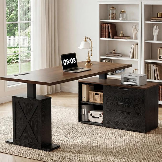 67" L Shaped Standing Desk with Drawers, Electric Height Adjustable Corner Desk, Sit Stand Office Desk with 4 AC Outlets & Type C Port, Executive Computer Desk with Cabinet, Brown & Black