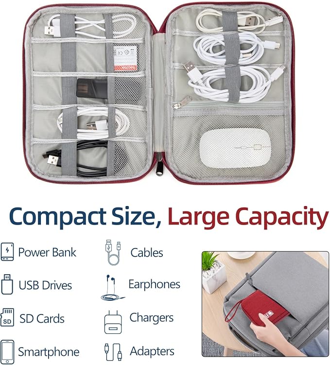 Electronics Organizer Travel Case - Water-Resistant Tech Bag for Cables, Chargers & Cord Management - Small Portable Pouch for Travel Accessories, Gear Bag for Airplane & Business