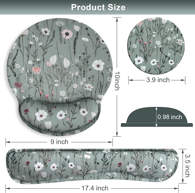 Green Floral Mouse Pad with Wrist Rest and Keyboard Wrist Set, Wildflower Ergonomic Memory Foam Mouse Pad Set for Women, Office, Typing, Gaming
