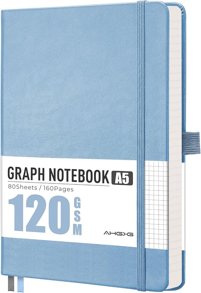 AHGXG Graph Grid Paper Notebook, 160 Pages, A5 Medium Size (5.7'' x 8.3''), 120 GSM Thick Paper, Leather Hardcover, for School, Students, Math, Engineering (Light Blue)