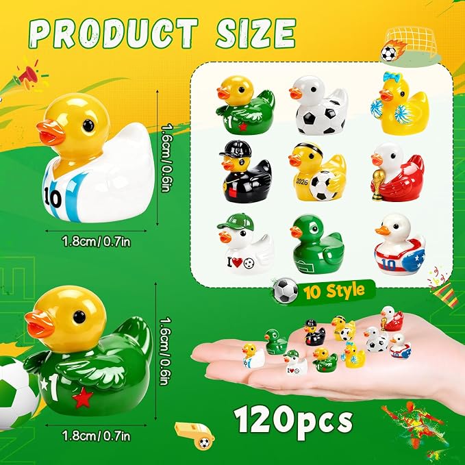 120Pcs World Soccer Cup Mini Resin Ducks 10 Style Sports Theme Miniature Soccer Ducks Bulk Player Referee Goalkeeper Tiny Duck Figures for Soccer Party Favors Desk Shelf Decor Sports Fans Gifts