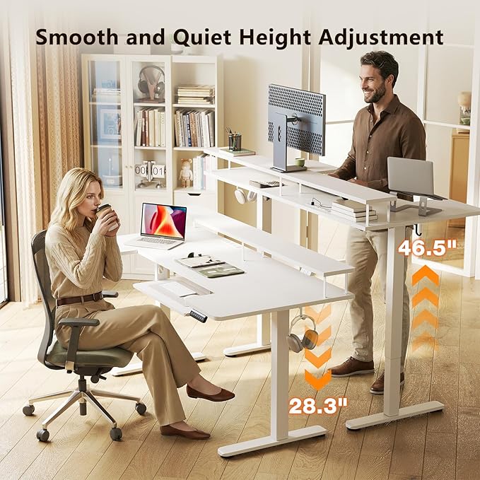 OffiGo U Shaped Electric Standing Desk with Keyboard Tray, 63 Inch Height Adjustable Desk with Power Outlets & LED Lights, Sit Stand Table with Monitor Stand for Home, Office, White