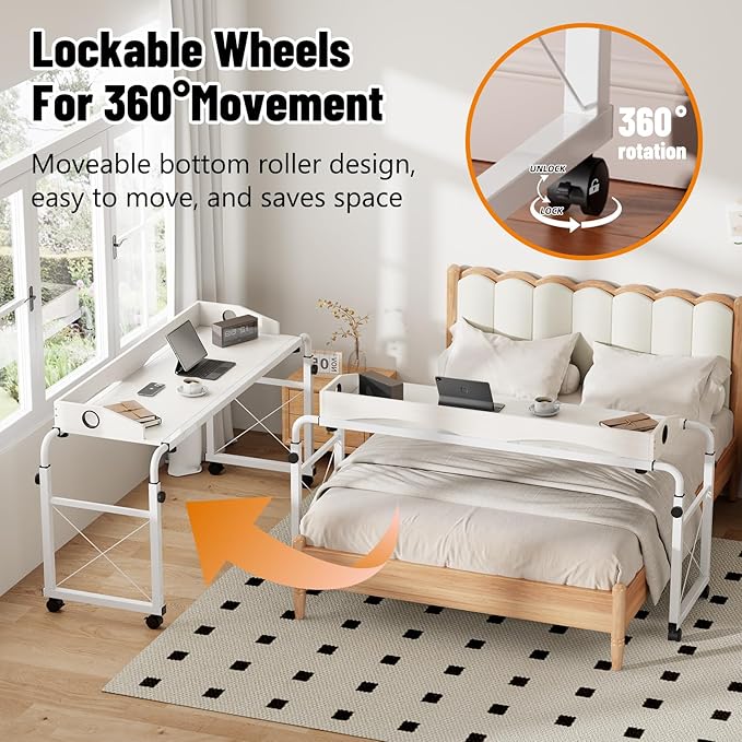 BYMECOST Laptop Desk for Bed, Adjustable Height & Length Laptop Bed Table | Overbed Table with Wheels for Queen Size Beds,Rolling Standing Desk,Over Bed Desk for Working Reading Eating