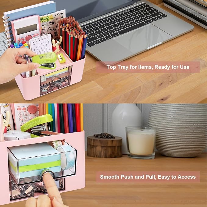 Meiikun Plastic Pen Organizer, Multifunctional Desk Organizer with 2 Drawers, 4 Compartments & a Top Tray, Pencil Holder Desktop Organizers and Accessories for Office, 7.7" x 5.5" x 3.9" (Pink)