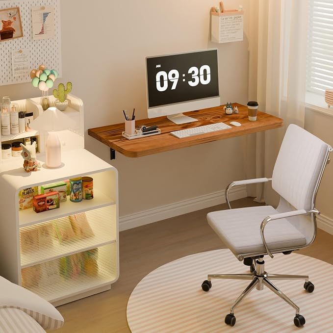Dogsky Floating Wall Desk, 36" x 14" Wall Mounted Folding Table, Pine Wood Fold Down Wall Table, 200 lb Capacity Wall Mount Desk for Small Apartment,Laundry Room,Kitchen,Bar & Computer, Burning Yellow