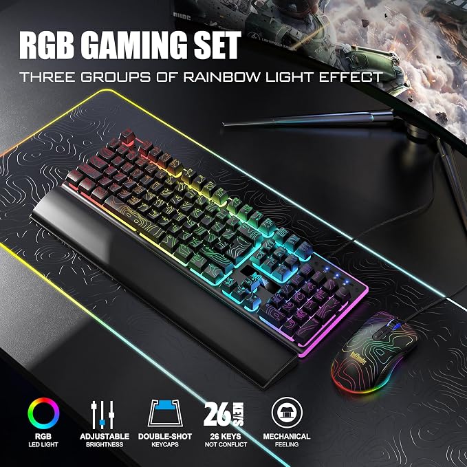 RedThunder K10 Wired Gaming Keyboard & Mouse Combo with Wrist Rest, Adjustable RGB Mechanical Feel Anti-ghosting Keyboard + 7D 7200 DPI Mouse+Soft Leather Wrist Rest for PC Gamers (Black Lines)