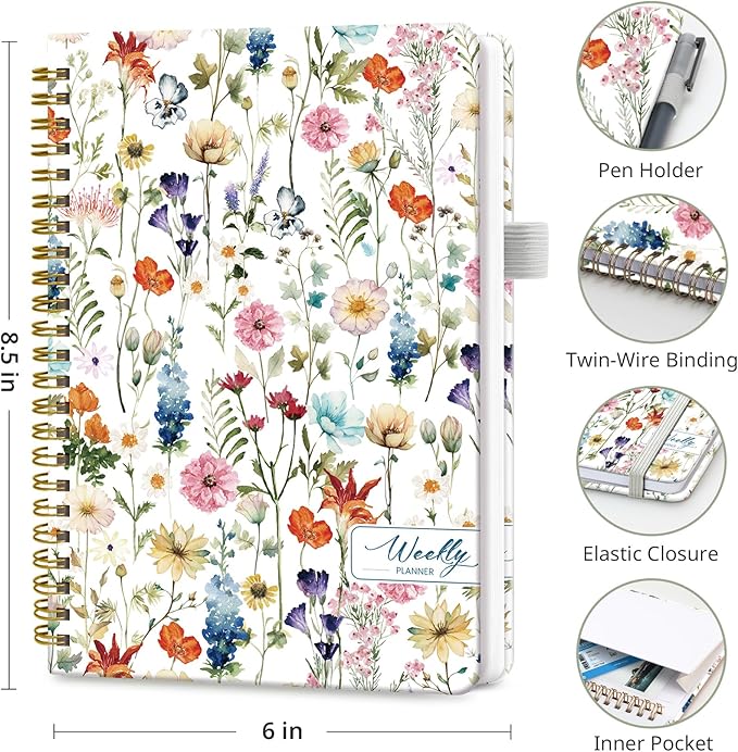 Taja Undated Weekly Planner, Weekly To Do List Notebook with Goal & Habit Tracker Organizer, A5 Weekly Planner Notebook with Spiral Binding, 6.1" x 8.2" - Floral