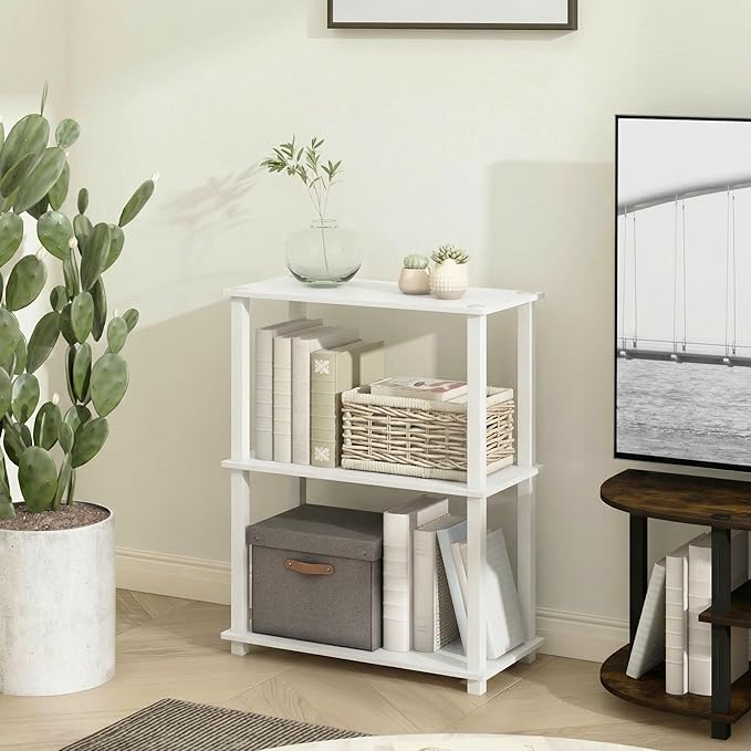 Furinno Turn-S-Tube Storage Shelves, 3-Tier Book Shelf, Corner Shelf, Toolless Open Frame Standing Shelves, for Organization and Storage, Living Room, Garage, Home Office, White