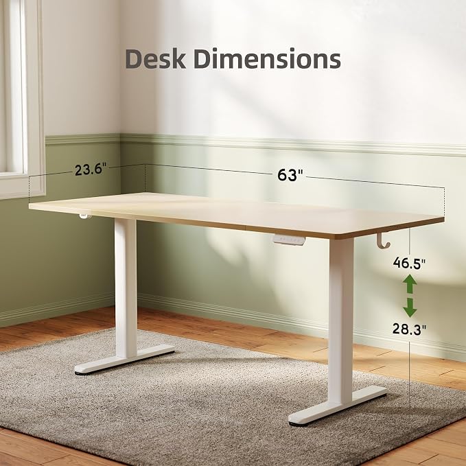 INNOVAR Electric Standing Desk, Adjustable Height Stand up Desks, 63 x 24 Inches Sit Stand up Desk for Home Office Computing, 3-Preset Memory Height Ergonomic Rising Desks, Nature